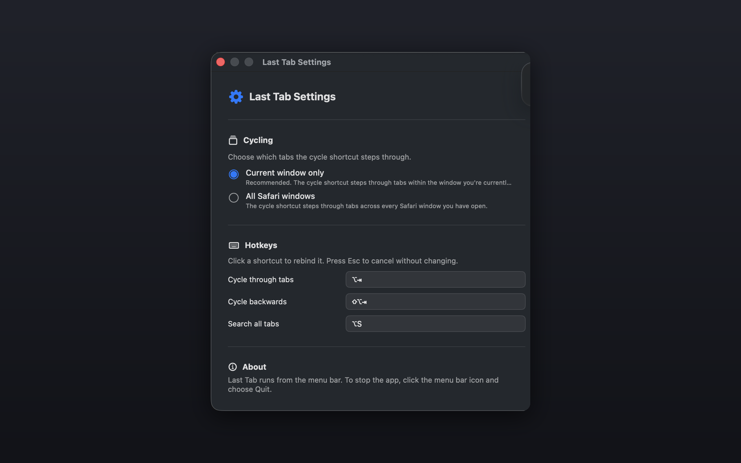 Last Tab settings window
